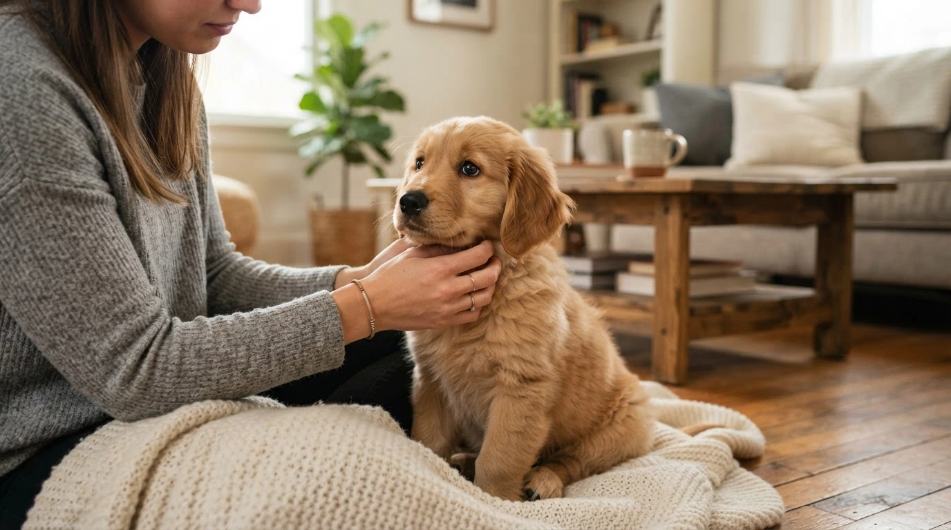 puppy crying while owner provides calm comfort at home