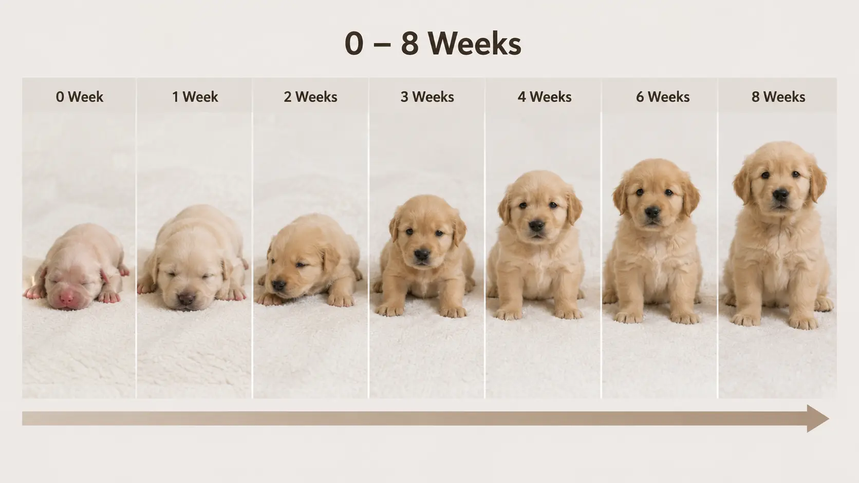 Puppy growth timeline showing development from newborn to eight weeks old