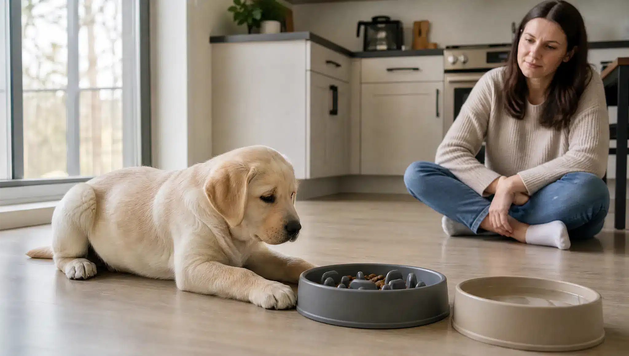 puppy resting beside a slow feeder and water bowl while owner watches calmly