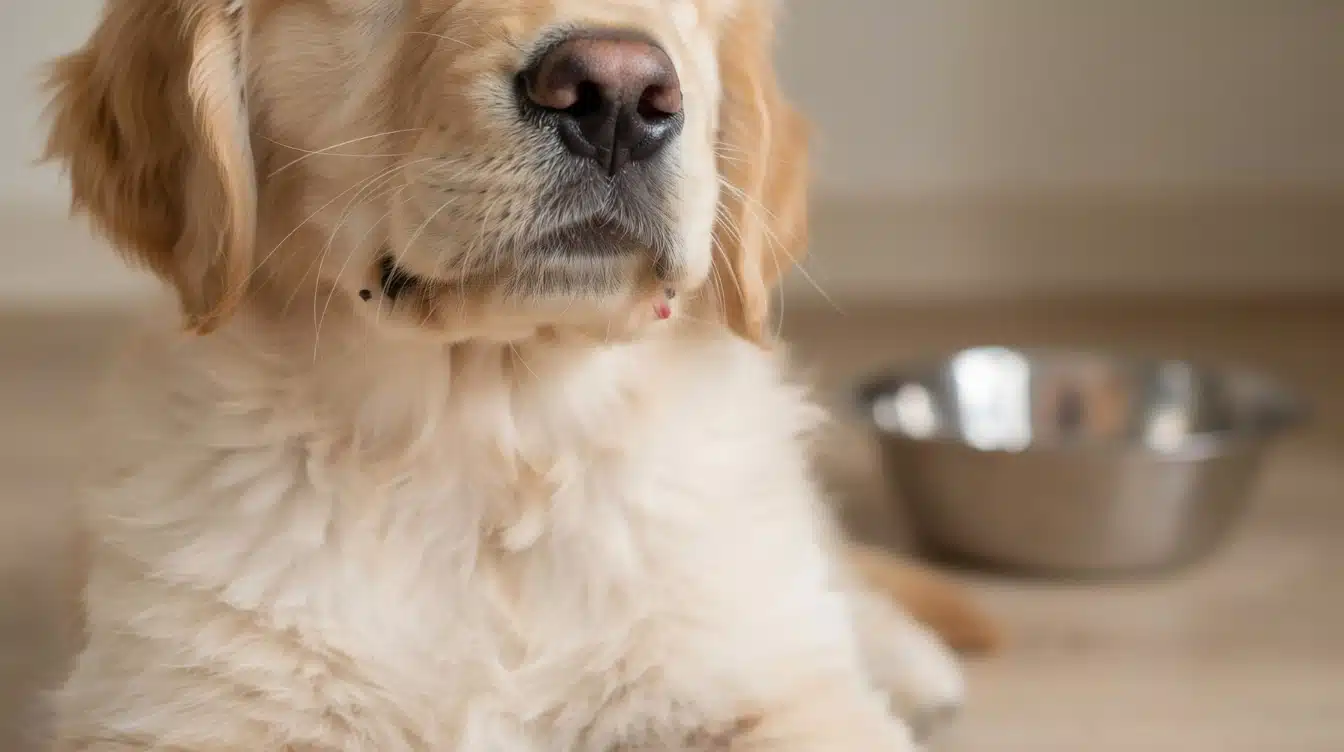 puppy with mild acne bumps on chin and muzzle area near food bowl