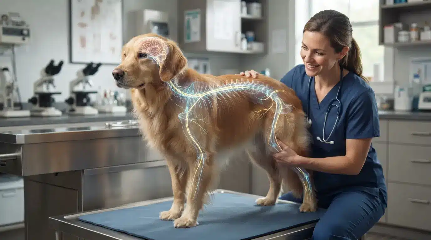 real dog receiving spinal and neurological assessment for spinocerebellar ataxia symptoms