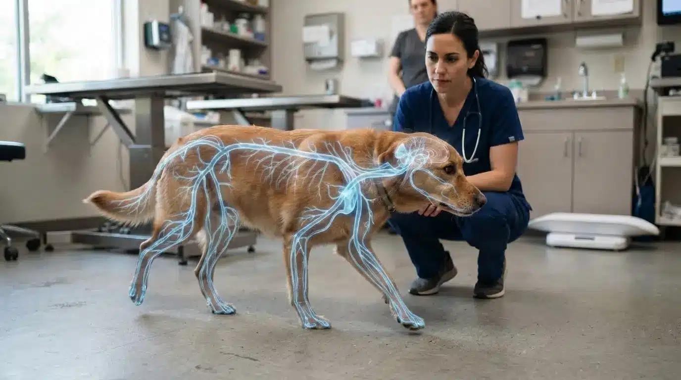 real dog showing coordination issues with cerebellar ataxia and veterinary neurological assessment