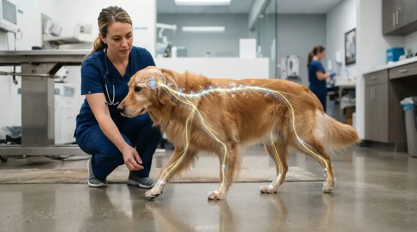 real dog showing paw coordination problems with sensory ataxia nerve pathway illustration