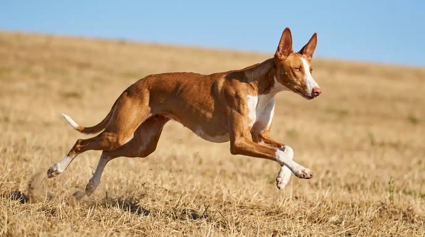 red and white ibizan hound making a controlled running leap across dry open grassland