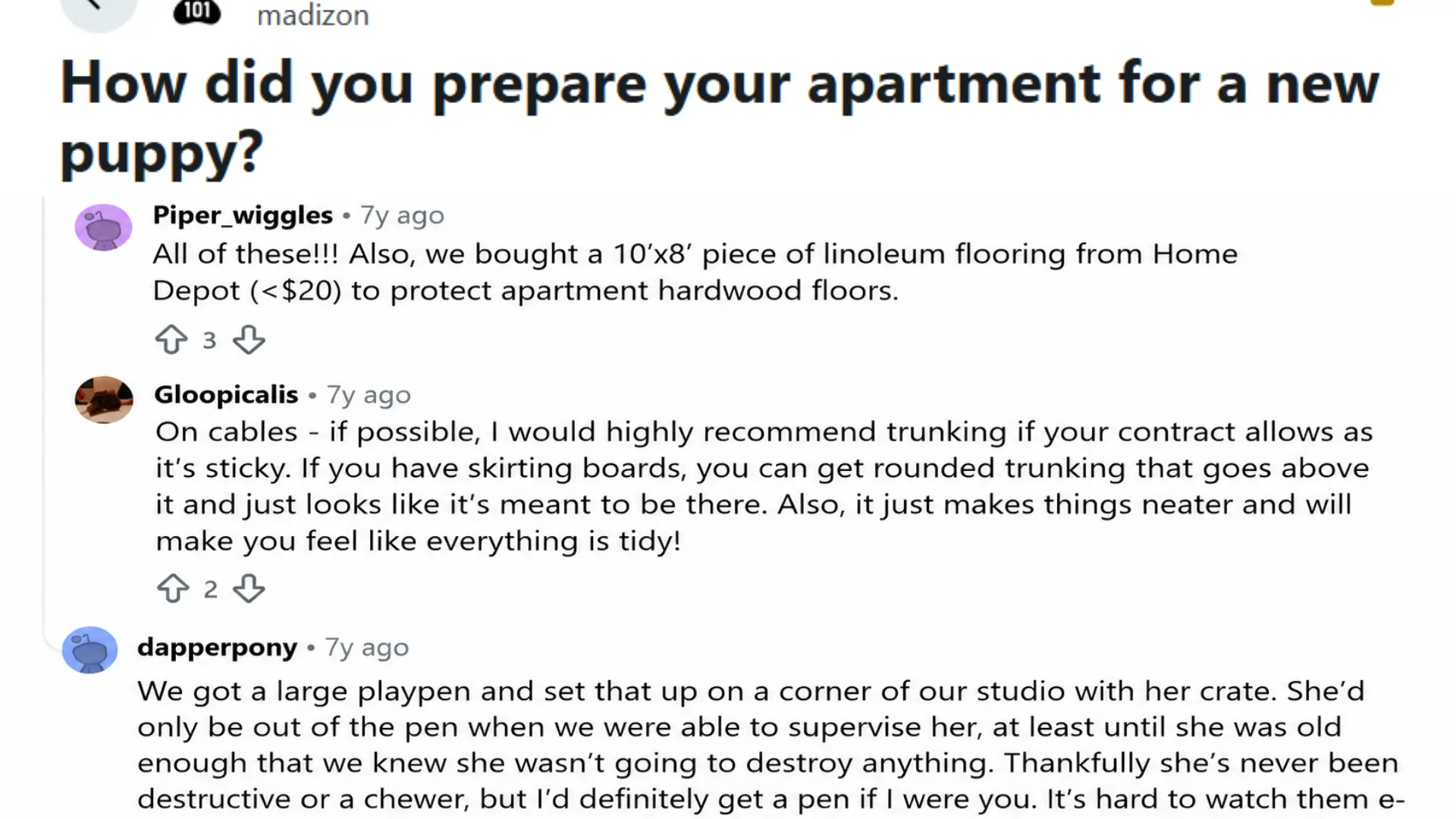 reddit comments sharing puppy proofing apartment tips with floor protection cable management and puppy playpen advice