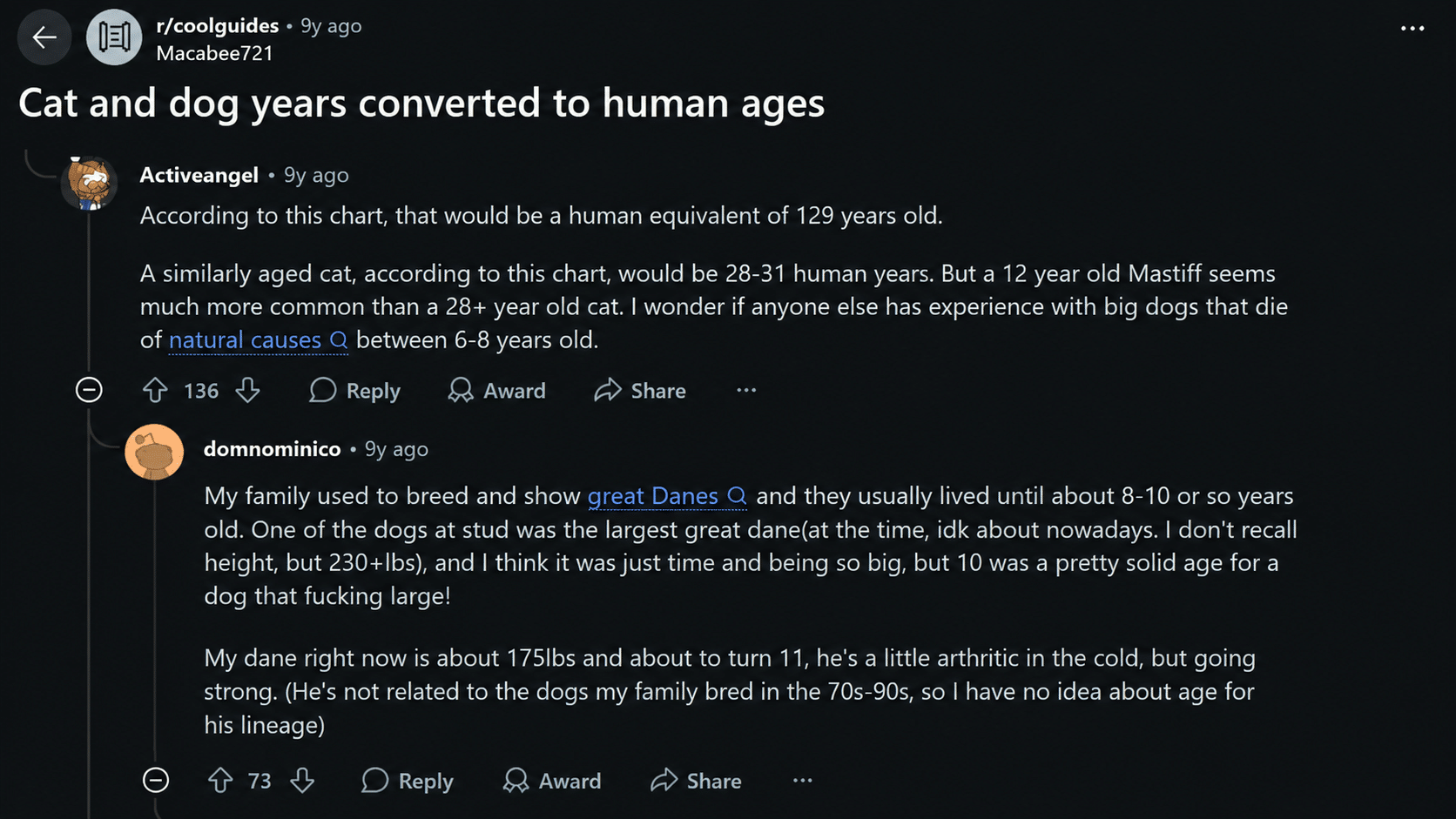 reddit discussion about cat and dog years conversion with pet age experiences from owners