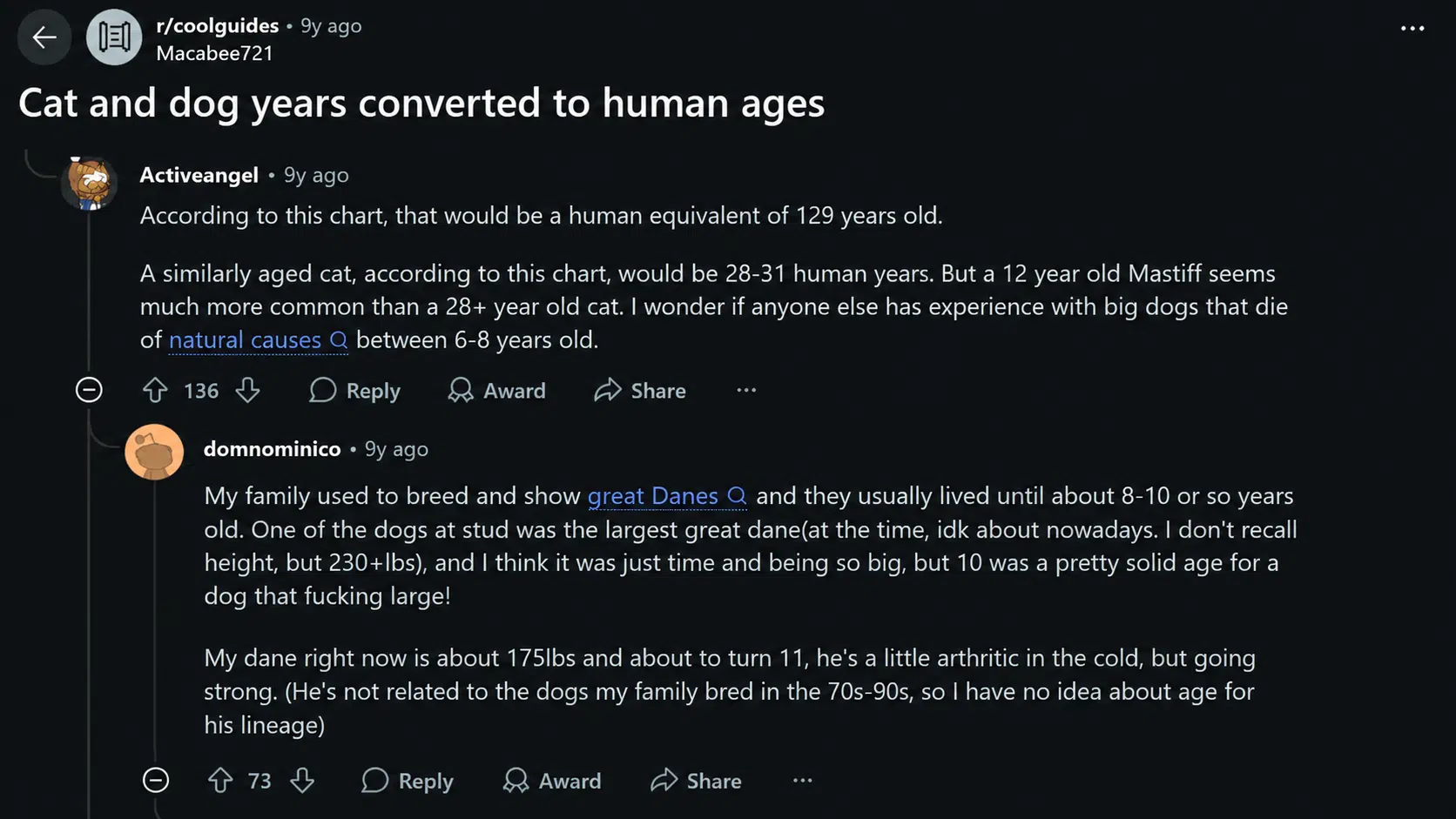 reddit discussion about cat and dog years conversion with pet age experiences from owners