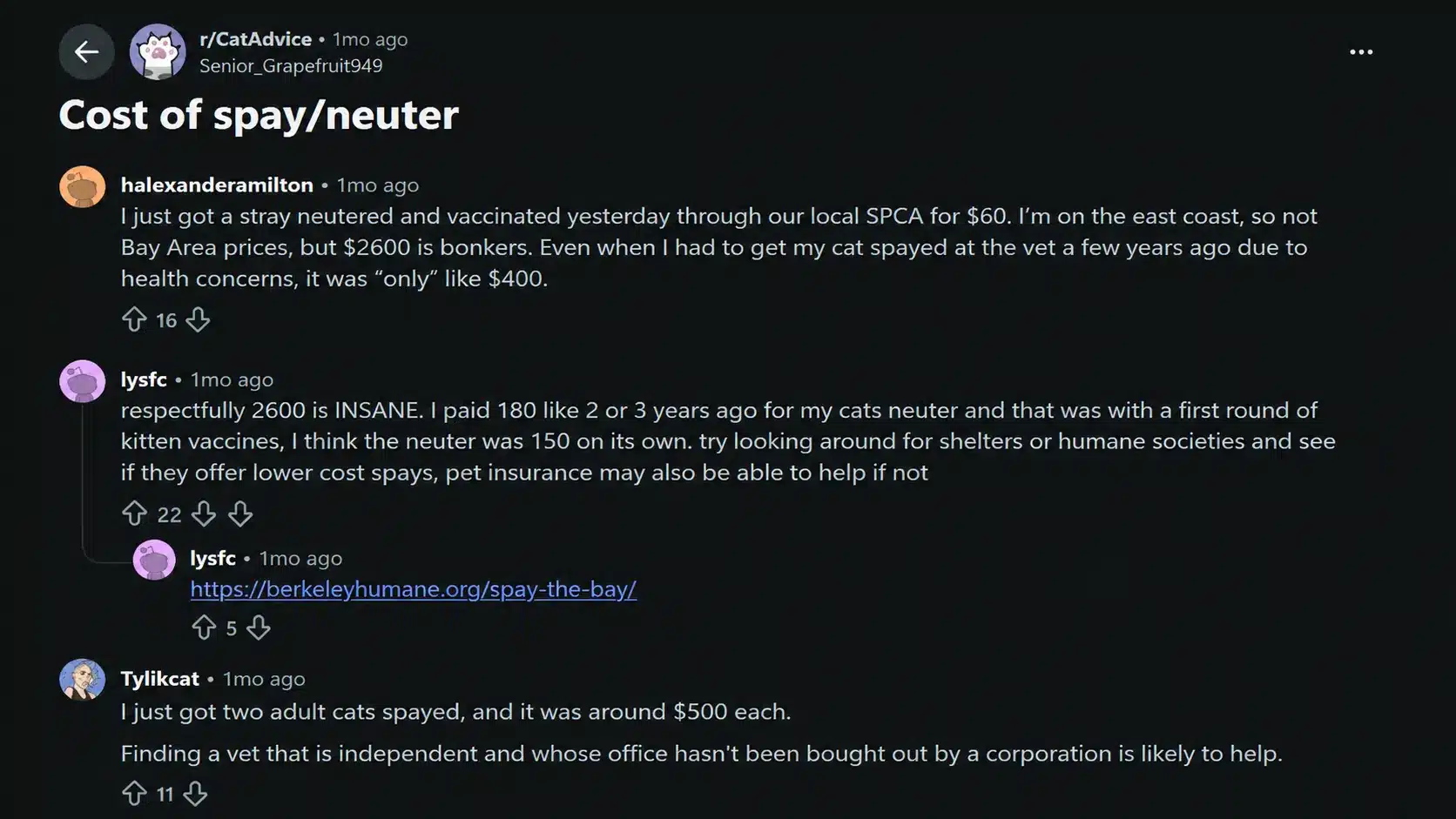 reddit discussion about cat spay neuter costs and affordable veterinary options