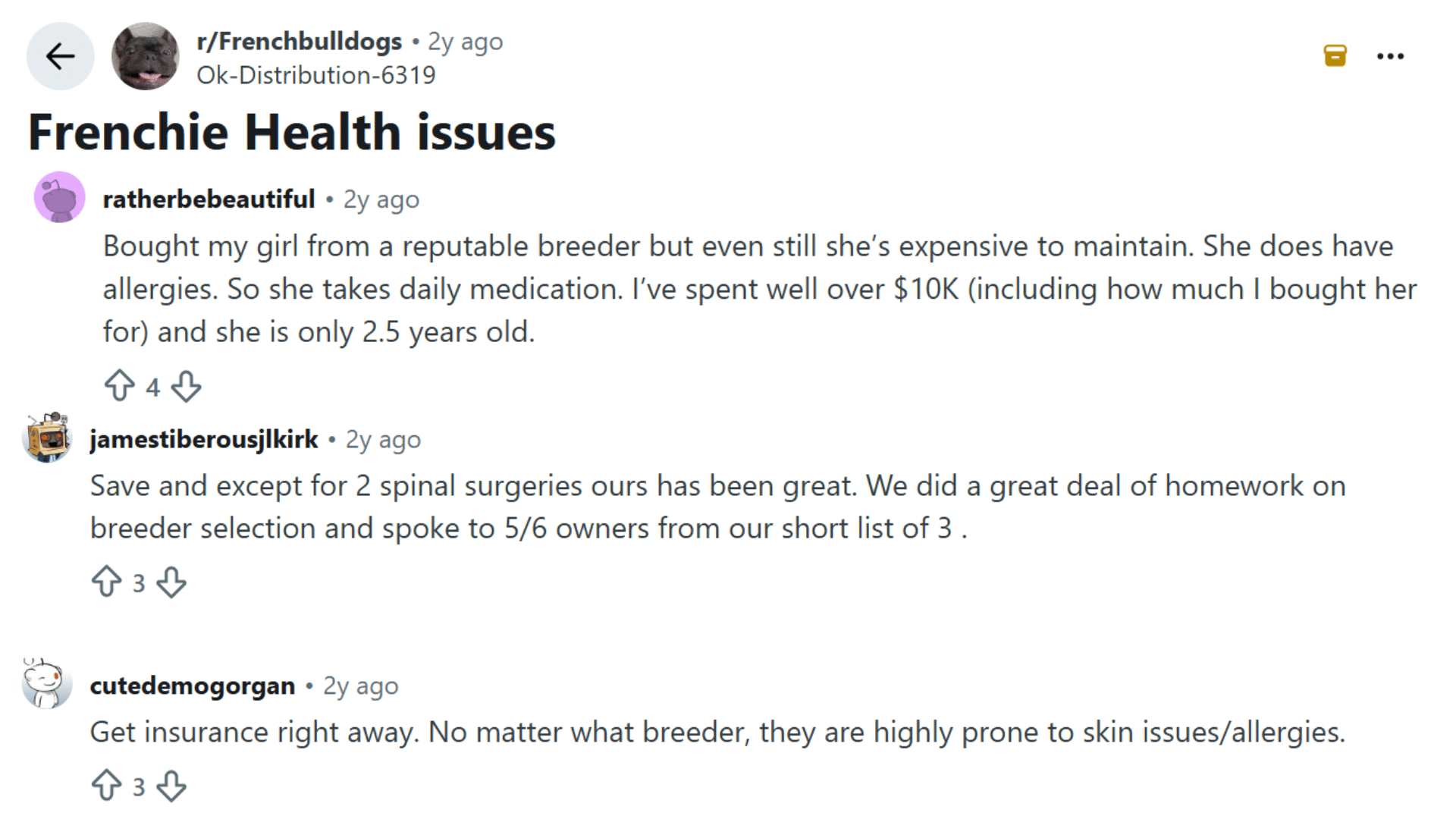 reddit discussion about french bulldog health issues allergies costs and spinal surgery experiences