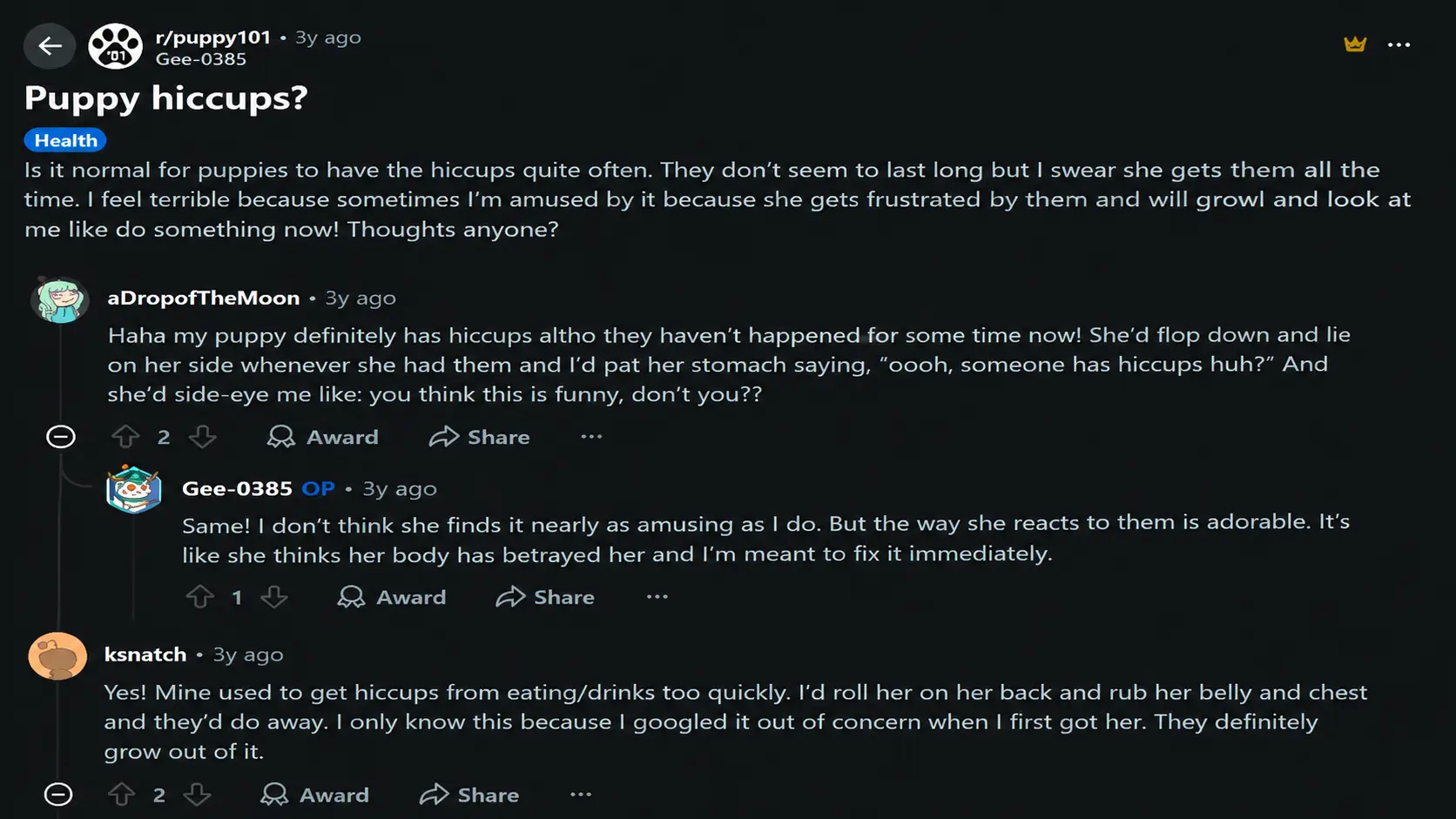 reddit discussion about puppy hiccups with owners sharing experiences and care tips