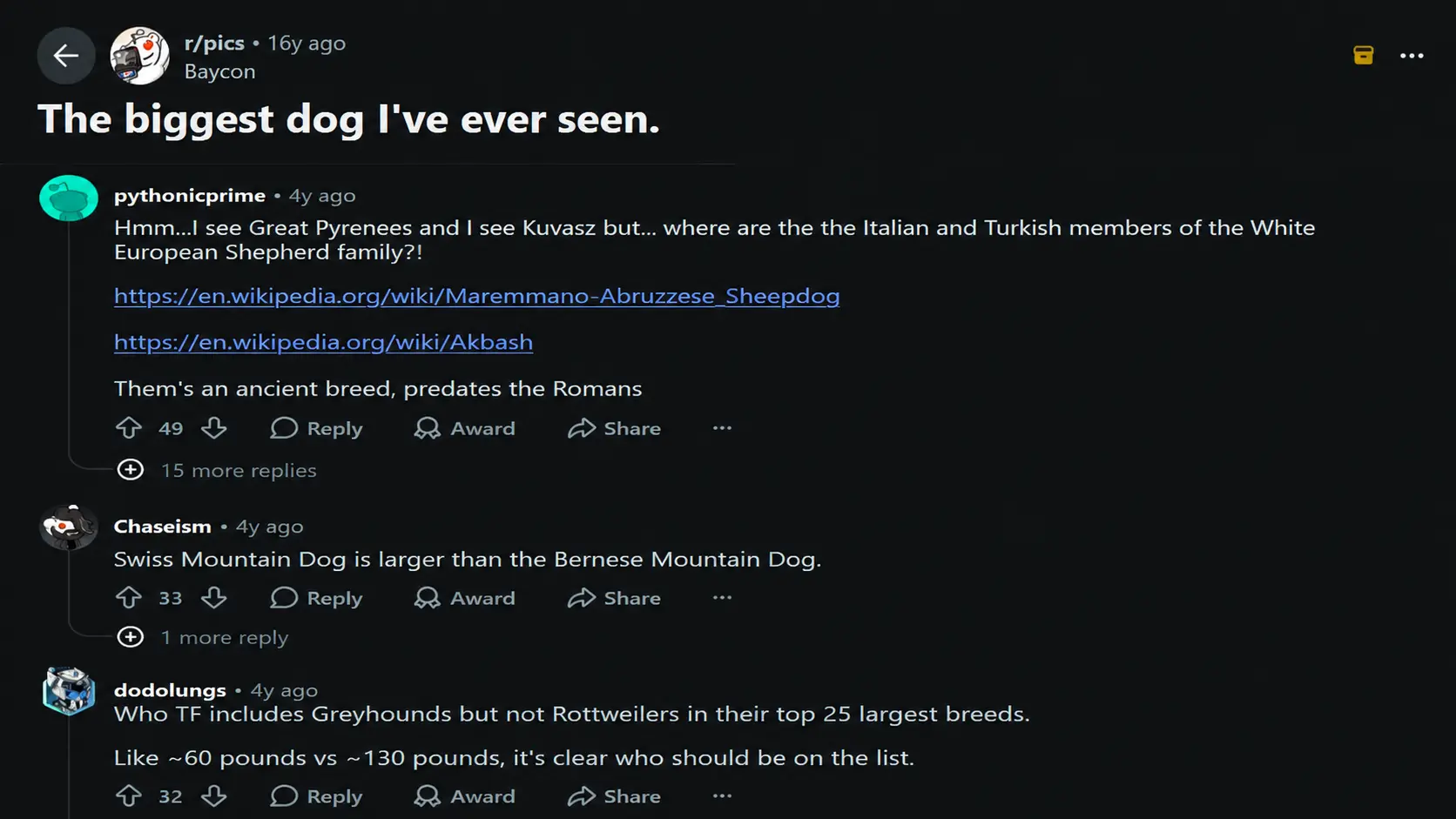 reddit discussion about the biggest dog ever seen and large dog breeds