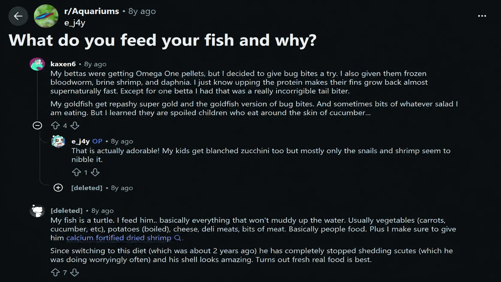 reddit discussion showing fish feeding comments about pellets frozen foods and vegetables in a dark mode thread