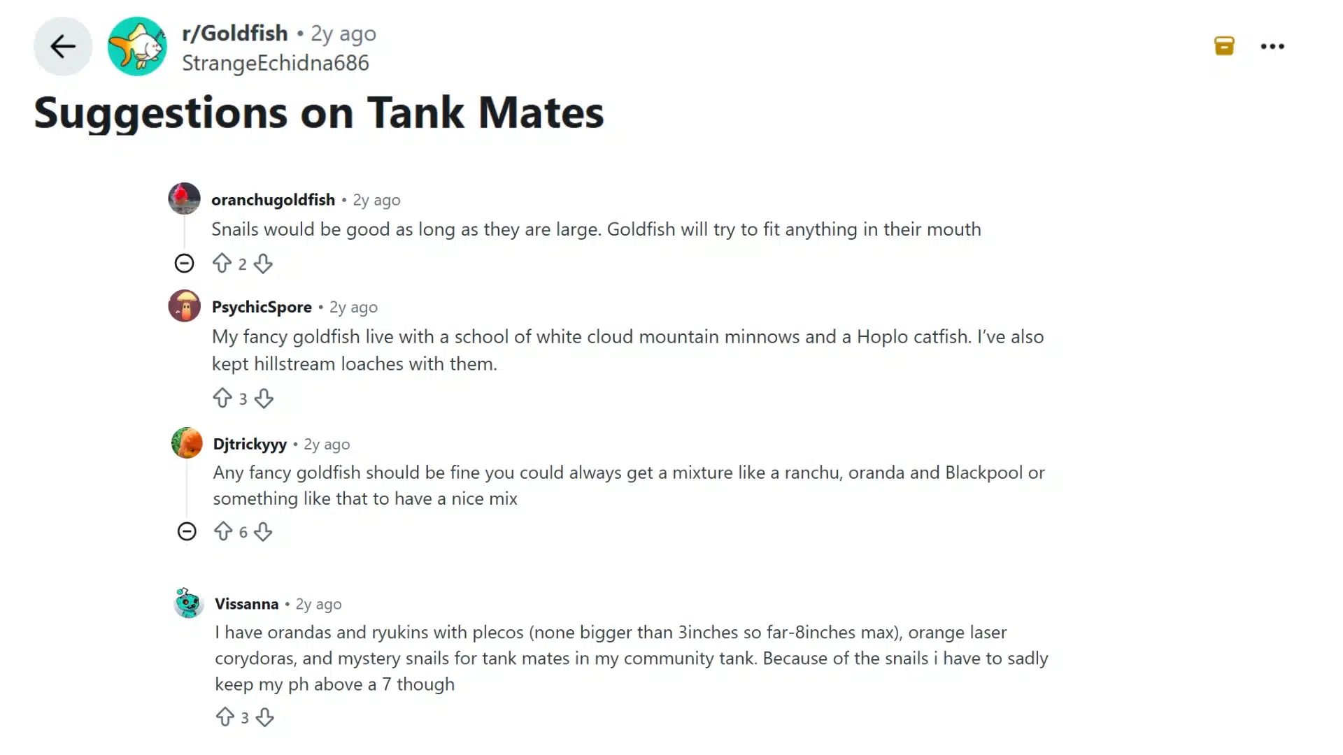reddit discussion showing goldfish owners sharing suggestions for suitable tank mates and snails