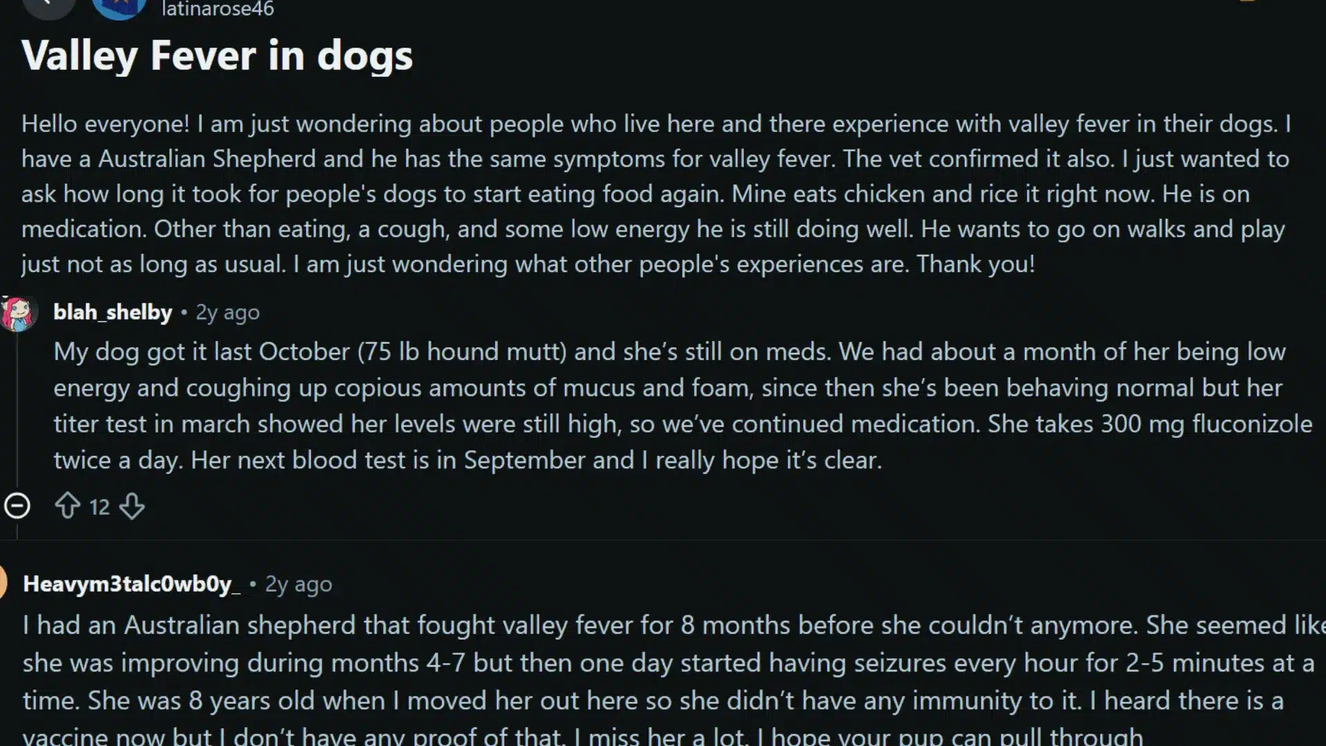 Reddit thread where dog owners share their valley fever treatment experiences and titer results