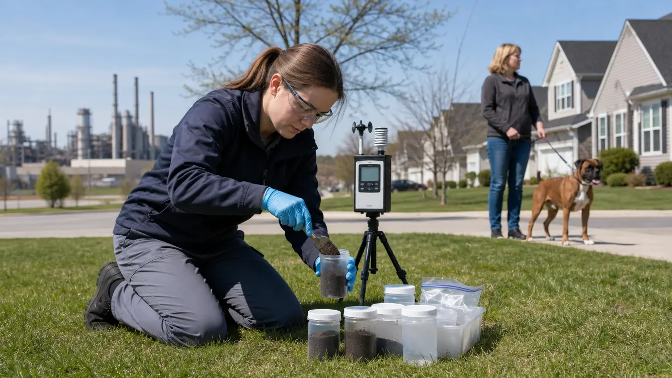 researcher collecting environmental samples near a dog friendly residential area for lymphoma study