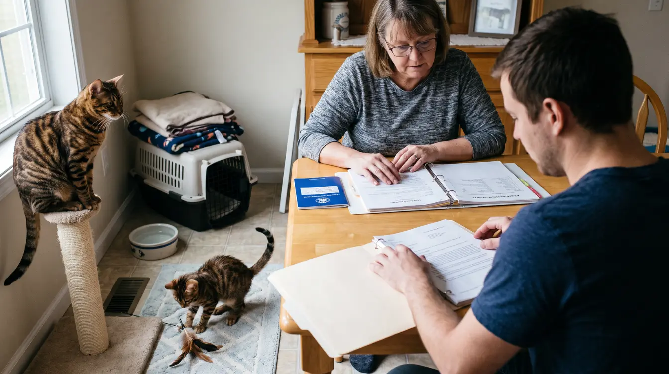 responsible toyger breeder reviewing pedigree health records and contract with a buyer beside a striped cat