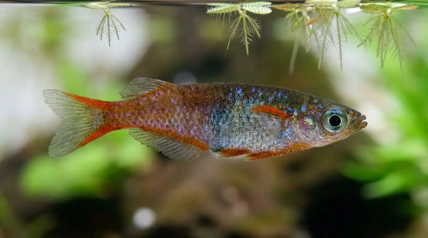 ricefish swimming with goldfish in a peaceful planted freshwater aquarium