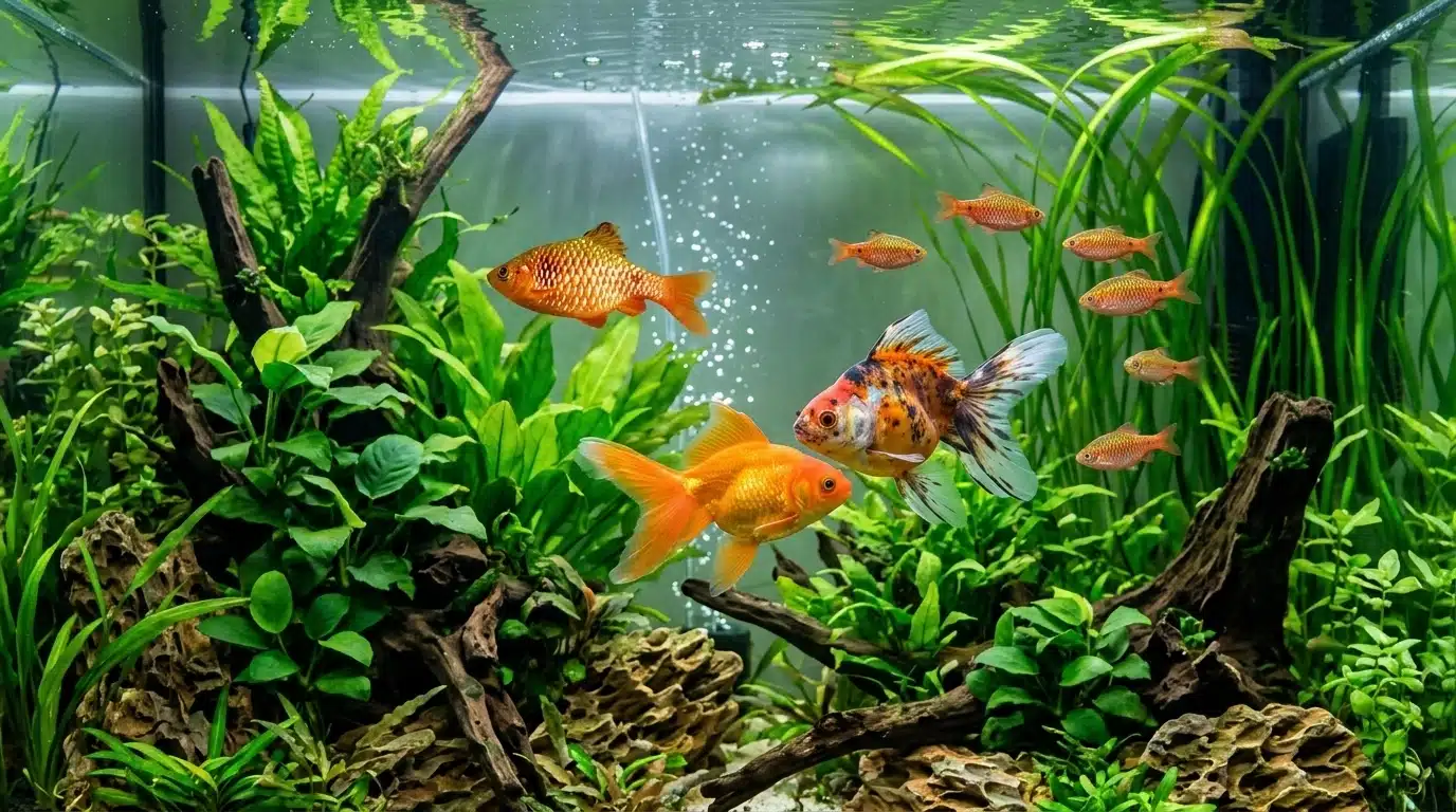 rosy barbs swimming with goldfish in a large planted freshwater aquarium