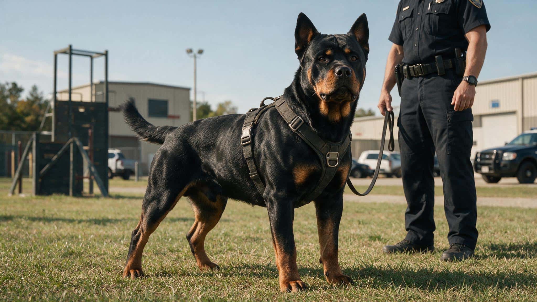 rottweiler police k9 standing with handler during professional training exercise outdoors