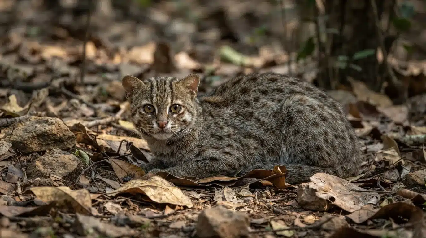 rusty spotted cat resting in indian forest habitat with detailed spotted fur
