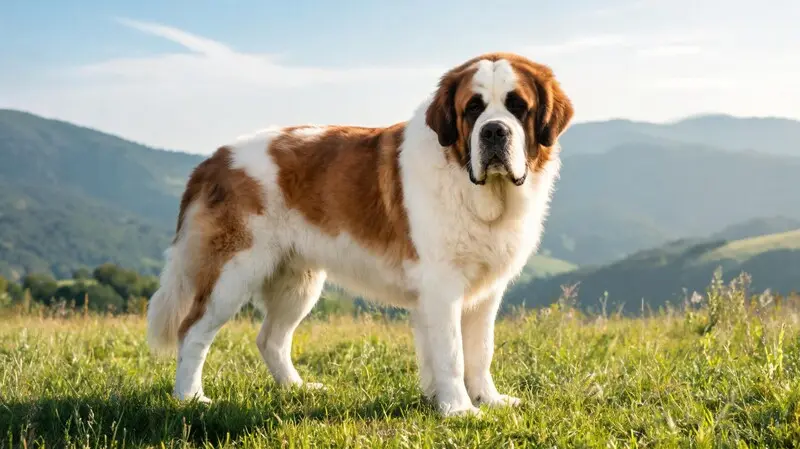 saint bernard giant dog breed standing outdoors with large body structure