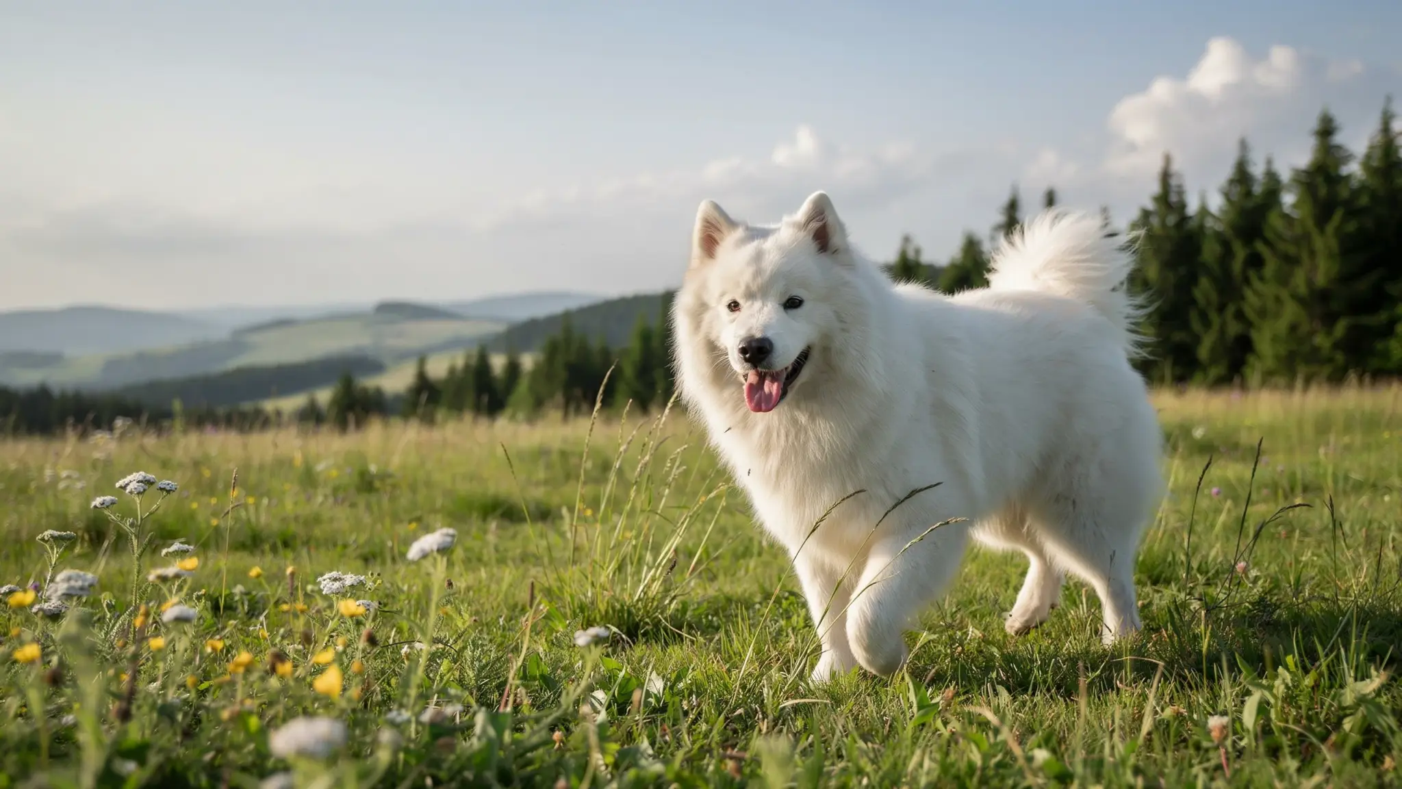 samoyed dog standing in a grassy field showing its fluffy white coat and friendly outdoor appearance