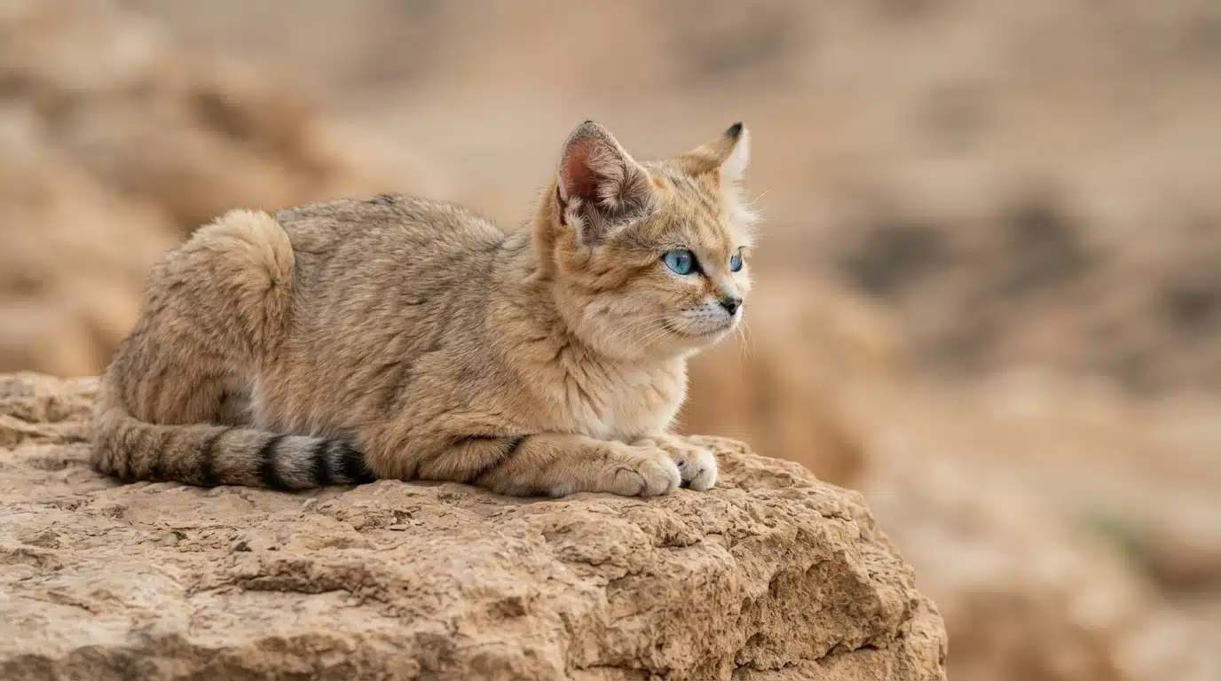 sand cat walking across desert landscape with sandy fur and natural habitat