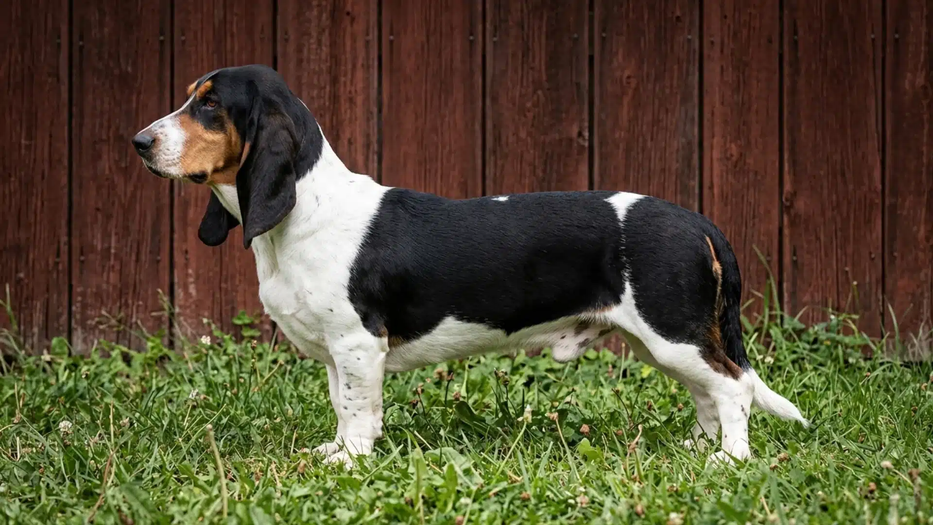 schweizerischer niederlaufhund standing on grass with black white and tan coat near wooden fence