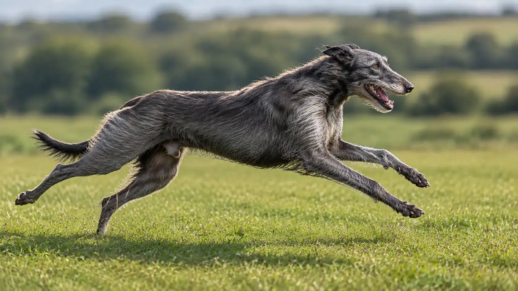 scottish deerhound running in meadow showing tall frame long legs and rough coat