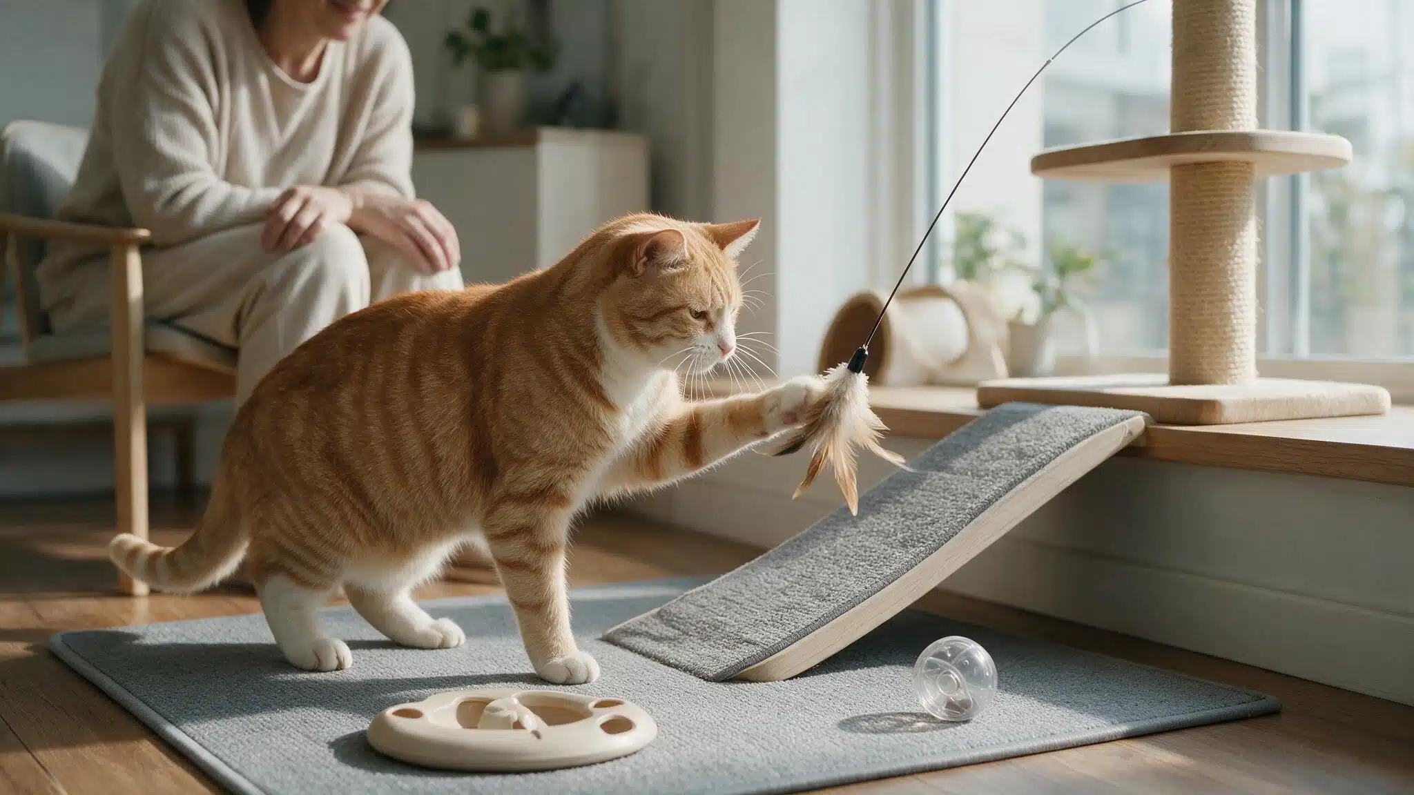 senior orange tabby gently playing with a wand toy on a nonslip rug beside a low window ramp
