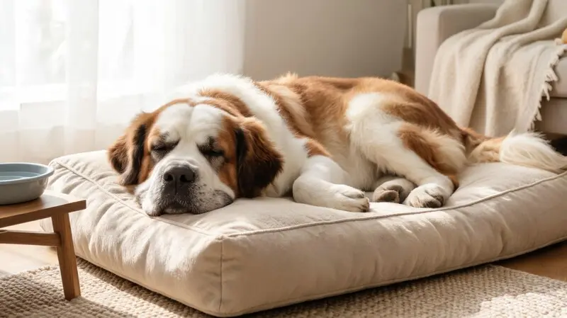 senior saint bernard resting comfortably during aging stage