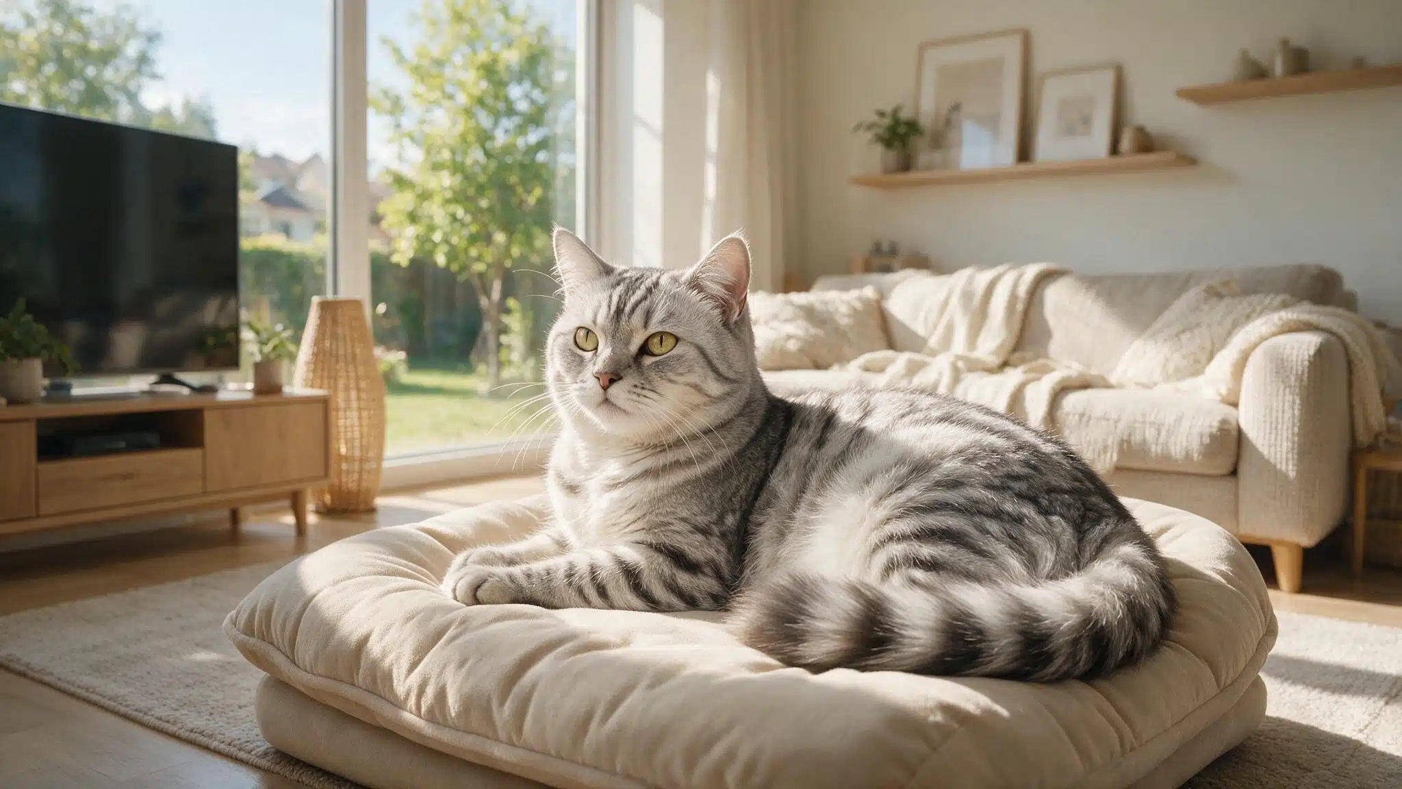 senior silver tabby cat resting on a padded bed beside a sunny window in a warm living room