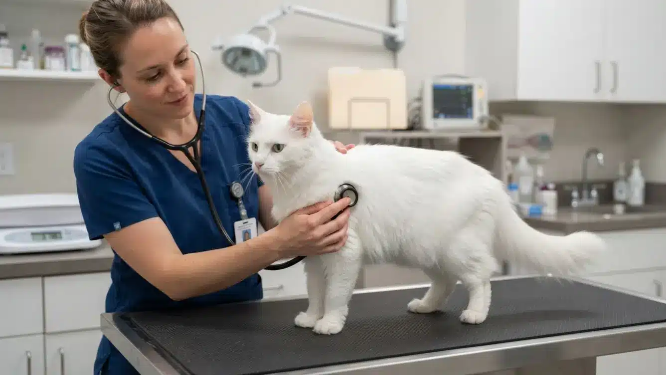senior turkish angora cat receiving a routine heart and general health examination at a veterinary clinic