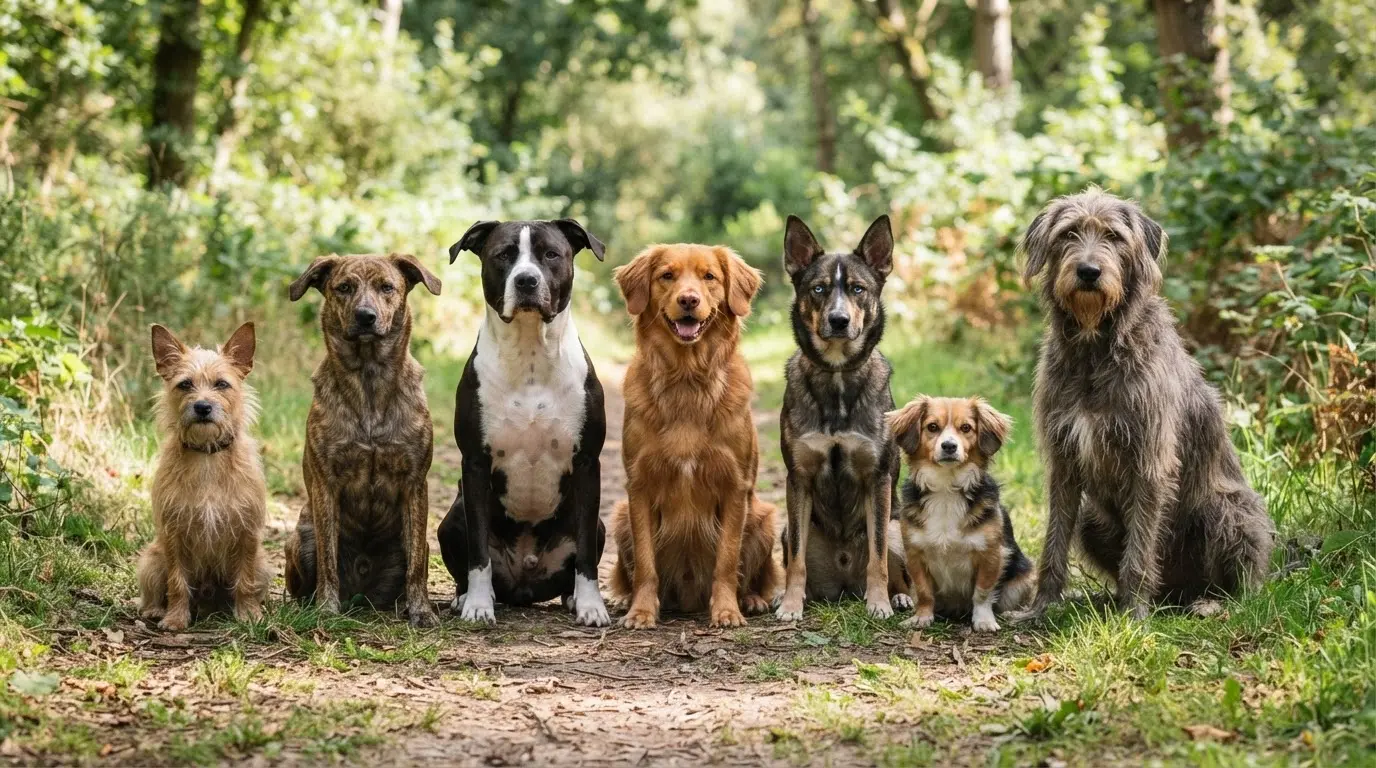 seven mixed breed dogs with different sizes colors and coat types sitting outdoors showing varied mutt dog appearances
