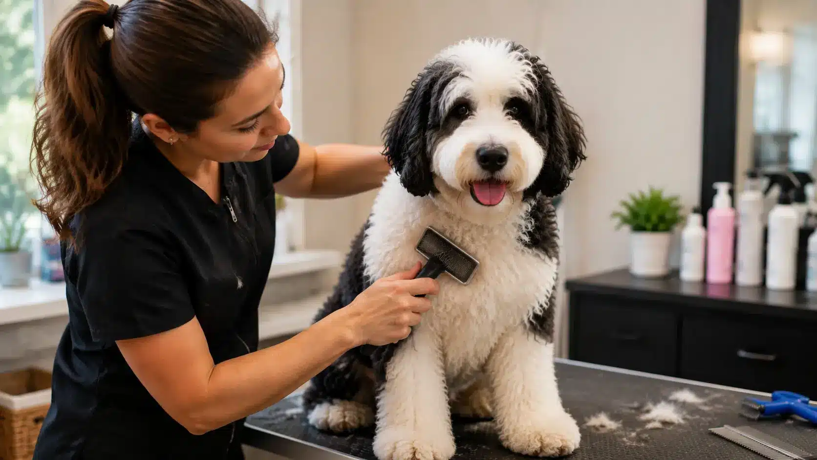 sheepadoodle puppy getting groomed with brush at pet salon
