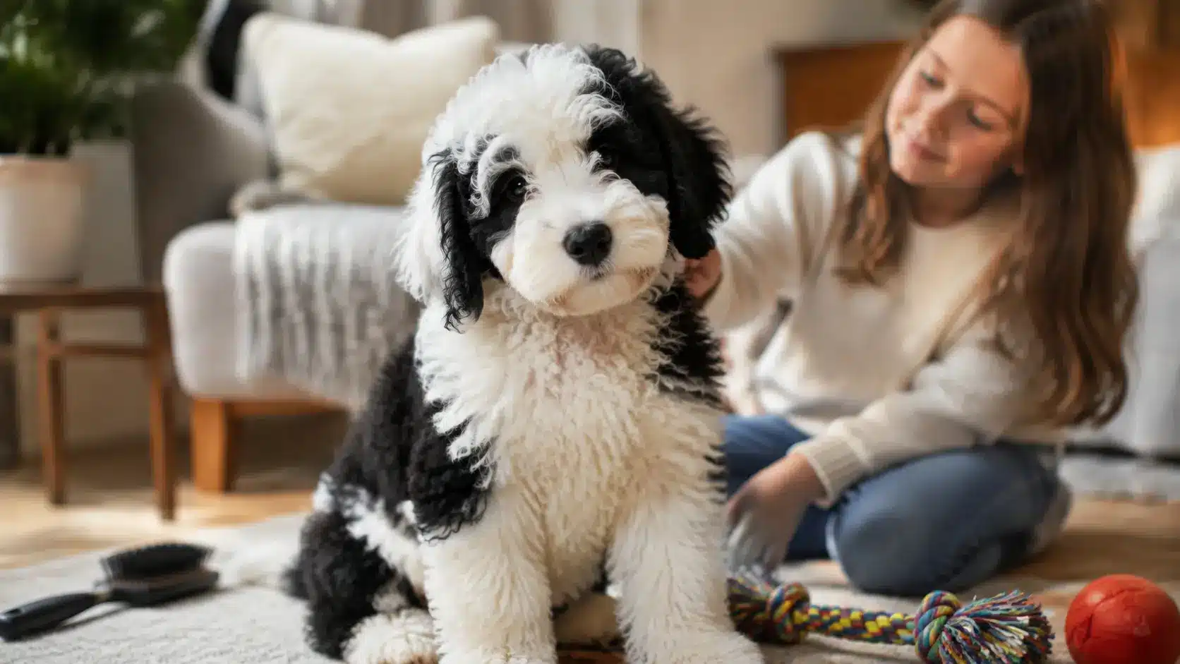 sheepadoodle puppy with child in cozy home setting