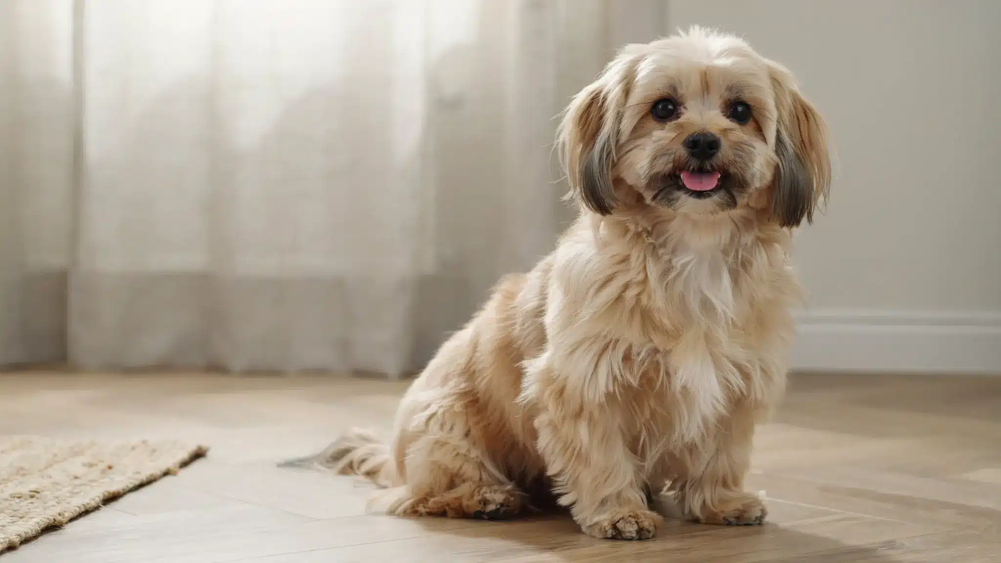 shih tzu dog with long fluffy coat sitting indoors and showing a friendly companion breed appearance