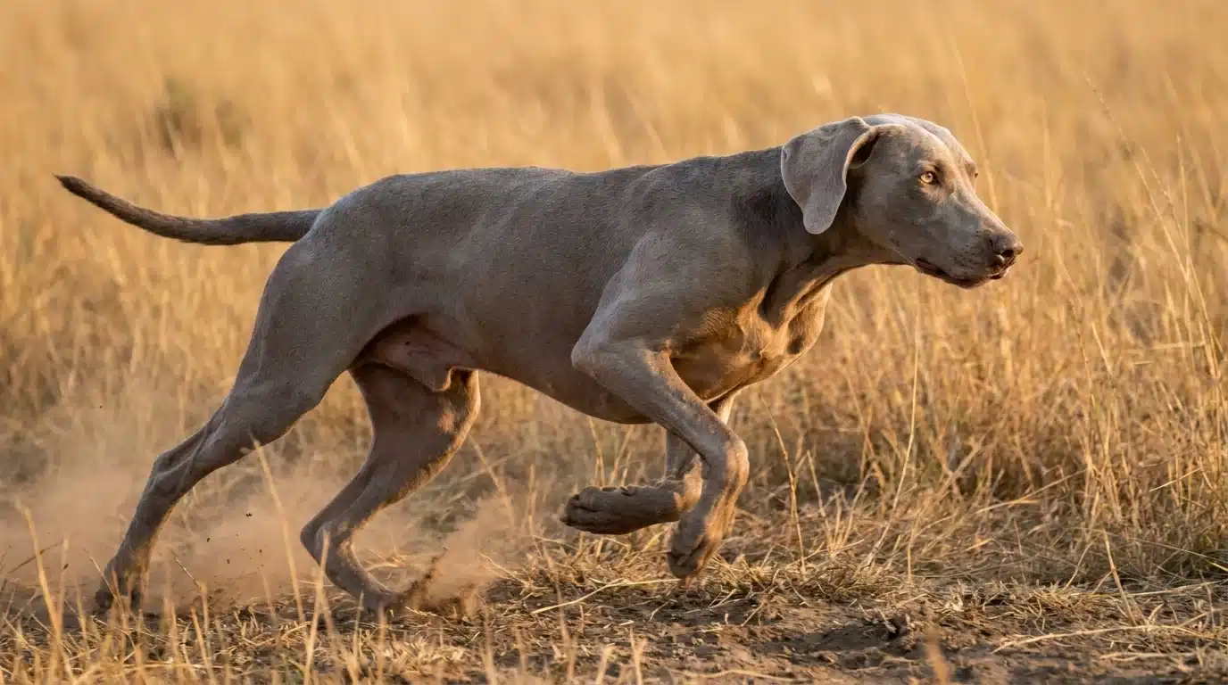 silver gray weimaraner running powerfully through open grassland in clear natural daylight