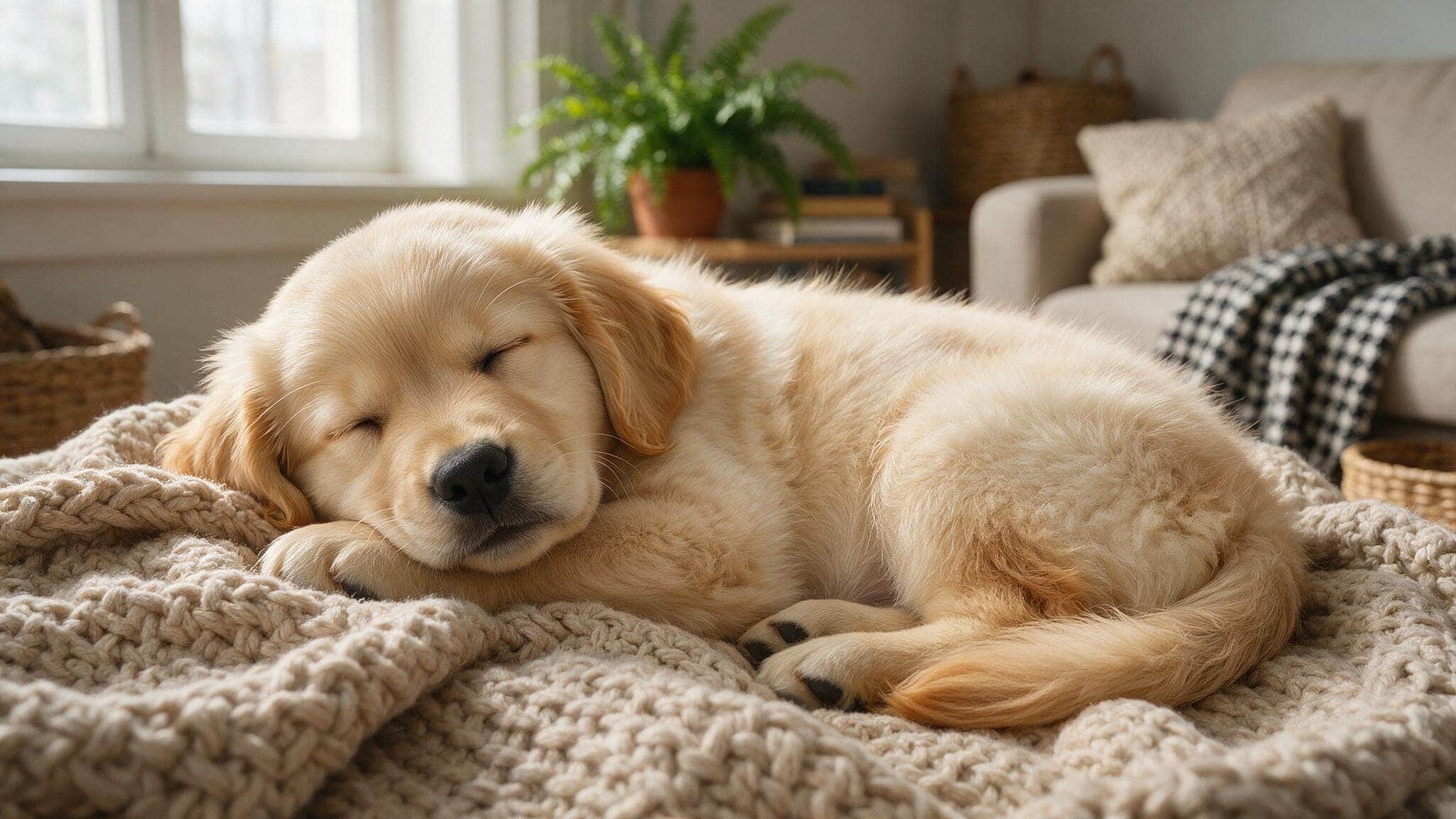 sleeping golden retriever puppy curled on soft blanket showing calm breathing in cozy indoor setting