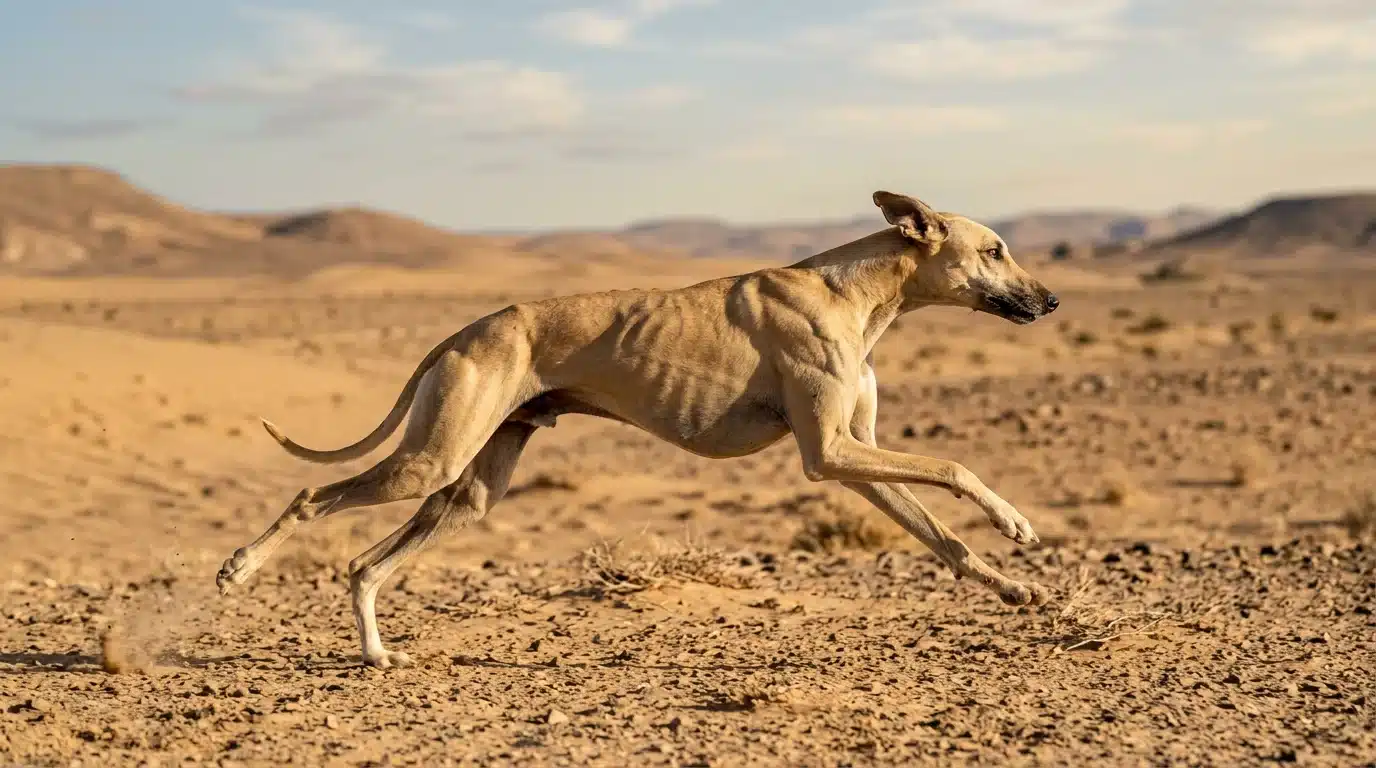sloughi dog running across open land showing slim sighthound structure