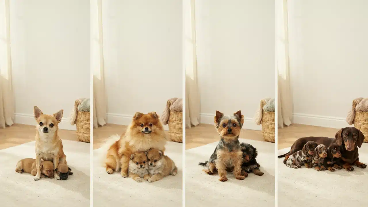 small dog breeds with puppies including chihuahua pomeranian yorkshire terrier and dachshund showing small litter sizes