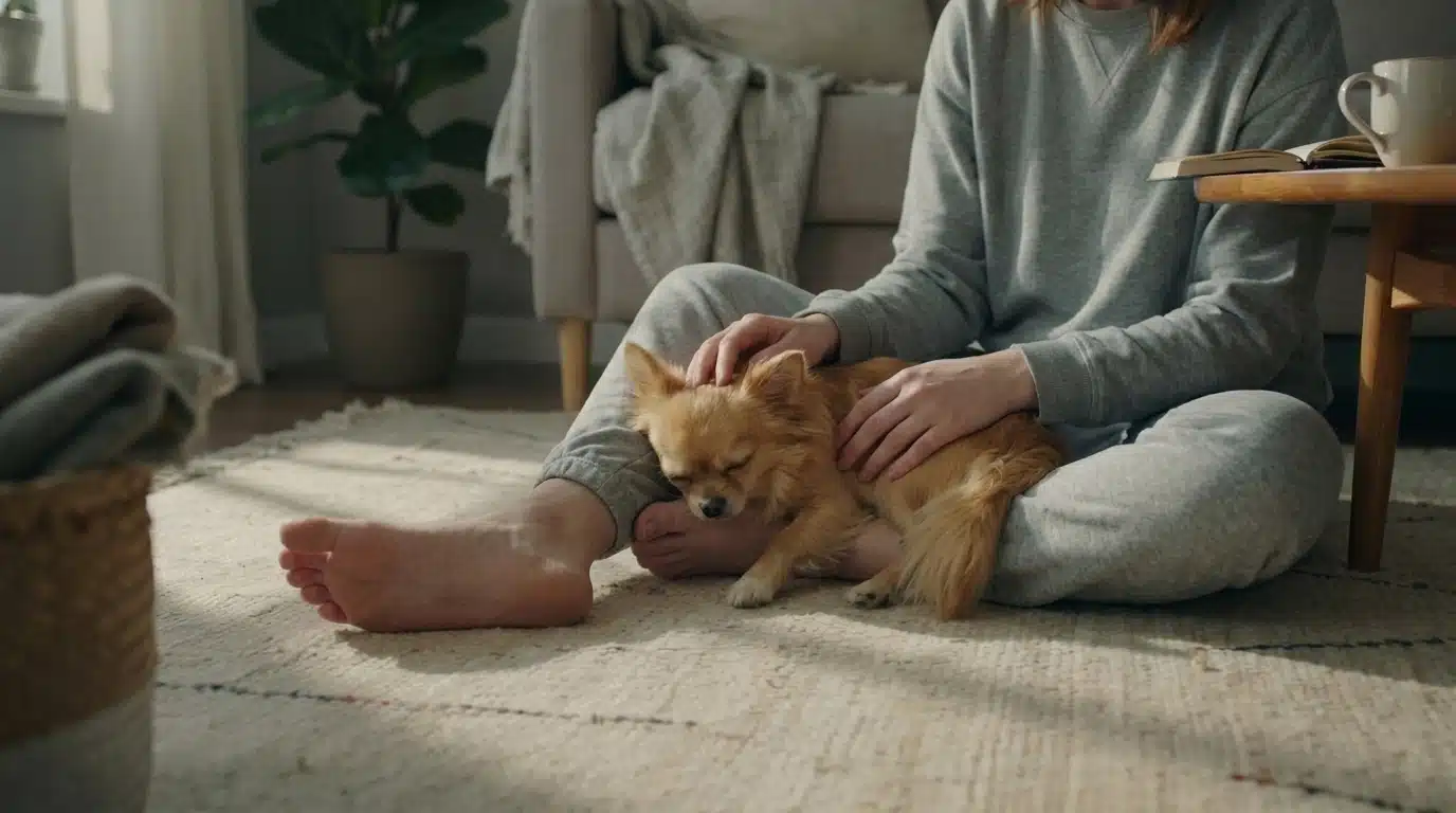 small long-haired dog resting calmly beside its owner while receiving gentle affection at home