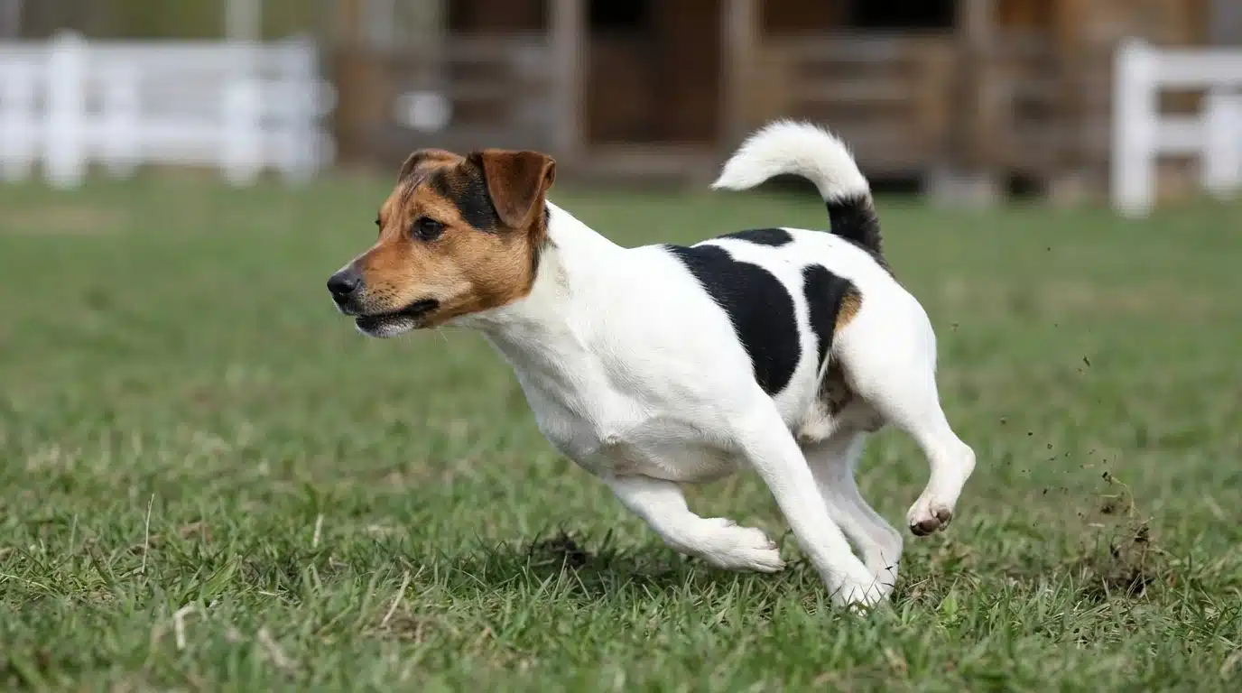 small white and tan jack russell terrier making a fast turn on a winding green grass course