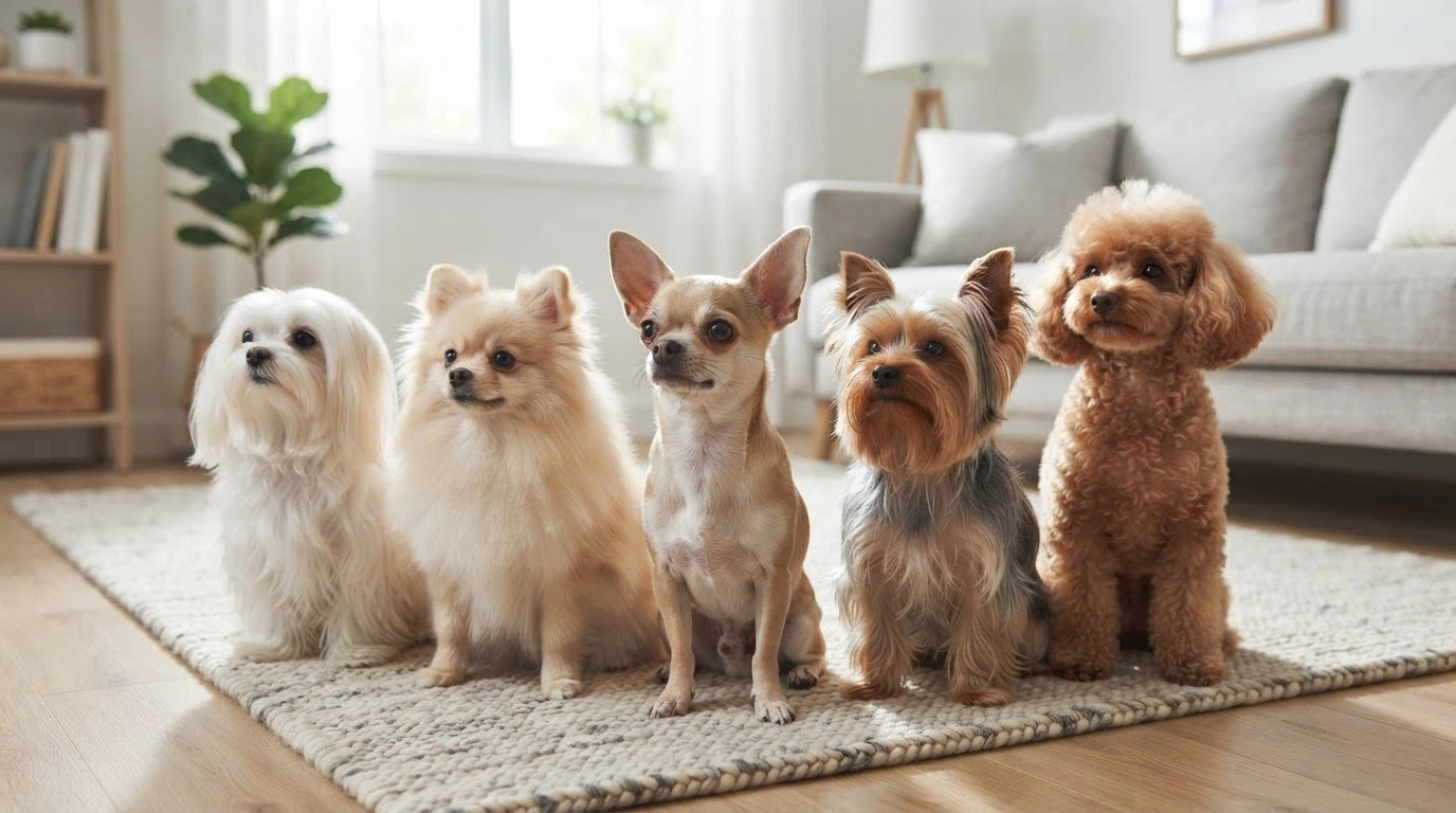 smallest dog breeds showing chihuahua pomeranian yorkshire terrier and toy poodle size comparison