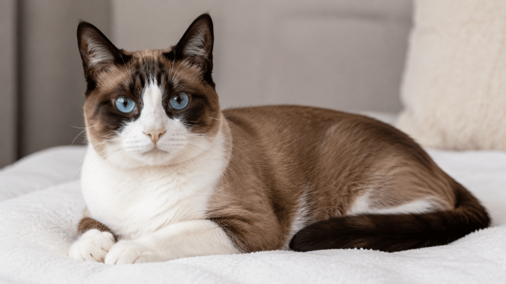 snowshoe cat with blue eyes resting on a soft white bed in a cozy indoor setting