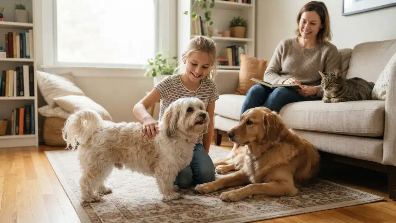 social havanese dog calmly meeting a child a friendly dog and a cat inside a family home