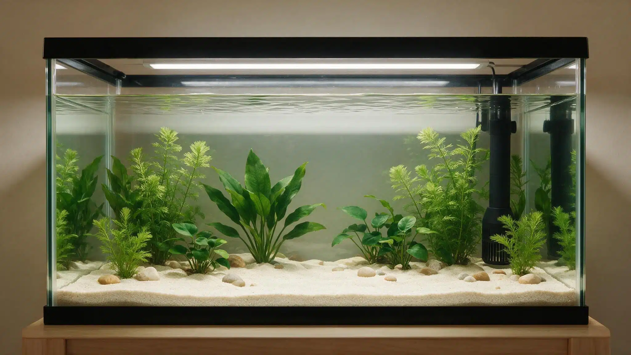 spacious goldfish aquarium with smooth sand rounded stones plants and an open central swimming area