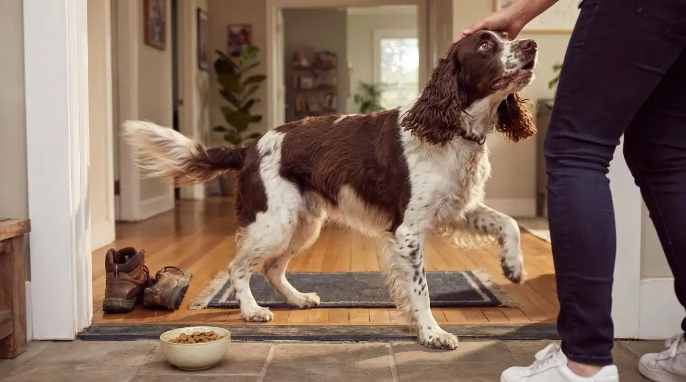 springer spaniel greeting its owner with a loose body, wagging tail, and relaxed expression at home