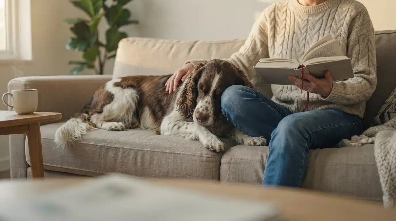 springer spaniel resting its head on its owner&rsquo;s knee while they read together on a cozy living room sofa.
