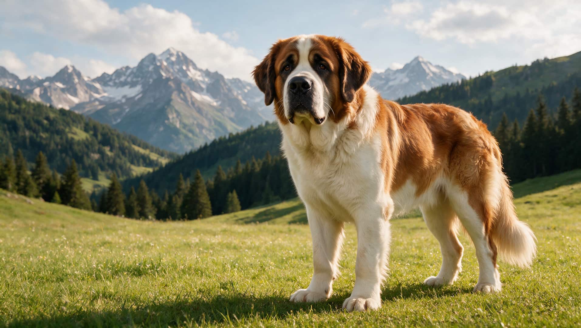 St Bernard dog with white and brown coat outdoors